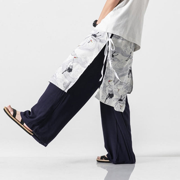 Buddha Stones Sommerliche Herren-Baumwollhose mit weitem Bein und Taschen, verziert mit fliegendem Kranich-Motiv - image 9