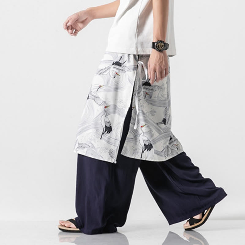Buddha Stones Sommerliche Herren-Baumwollhose mit weitem Bein und Taschen, verziert mit fliegendem Kranich-Motiv - image 4