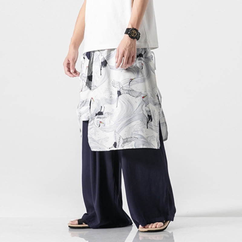 Buddha Stones Sommerliche Herren-Baumwollhose mit weitem Bein und Taschen, verziert mit fliegendem Kranich-Motiv - image 3