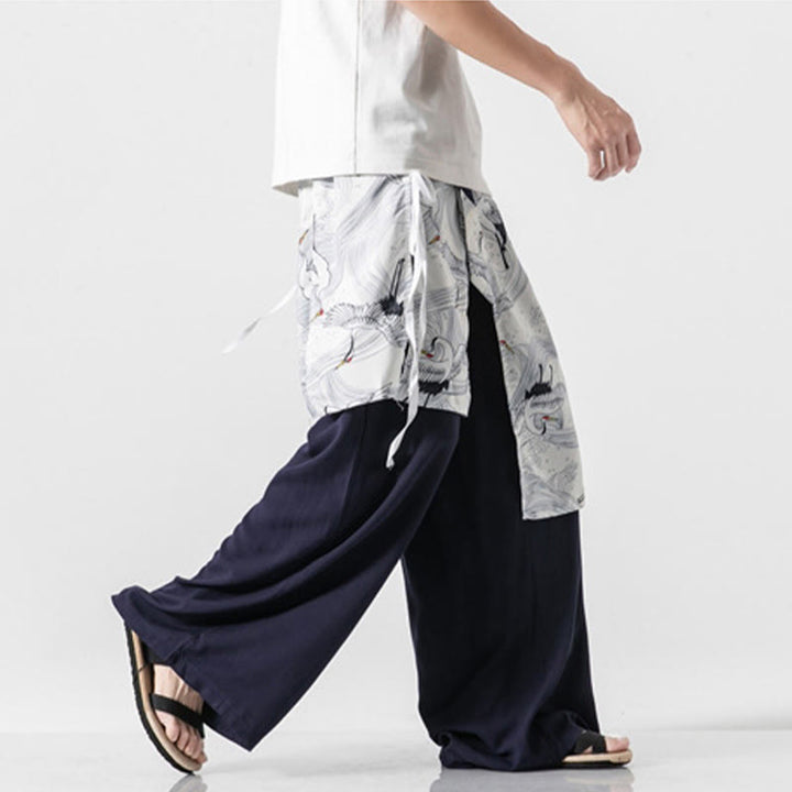 Buddha Stones Sommerliche Herren-Baumwollhose mit weitem Bein und Taschen, verziert mit fliegendem Kranich-Motiv - image 6