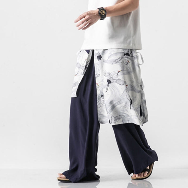 Buddha Stones Sommerliche Herren-Baumwollhose mit weitem Bein und Taschen, verziert mit fliegendem Kranich-Motiv - image 2