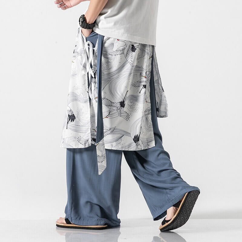 Buddha Stones Sommerliche Herren-Baumwollhose mit weitem Bein und Taschen, verziert mit fliegendem Kranich-Motiv - image 11