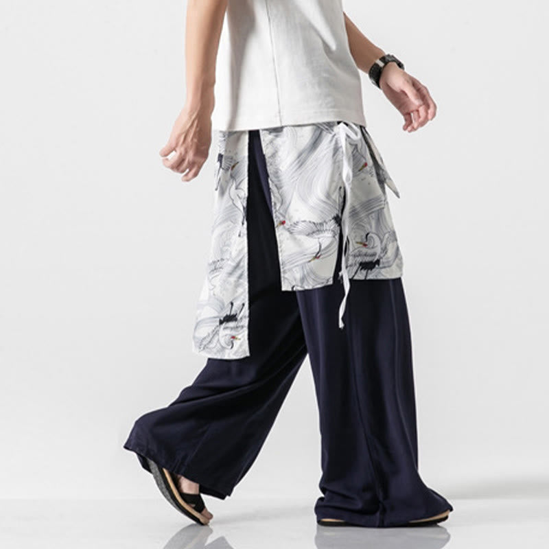 Buddha Stones Sommerliche Herren-Baumwollhose mit weitem Bein und Taschen, verziert mit fliegendem Kranich-Motiv - image 5
