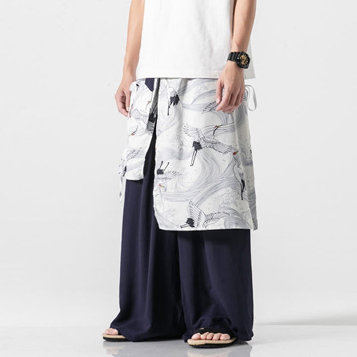Buddha Stones Sommerliche Herren-Baumwollhose mit weitem Bein und Taschen, verziert mit fliegendem Kranich-Motiv - image 7