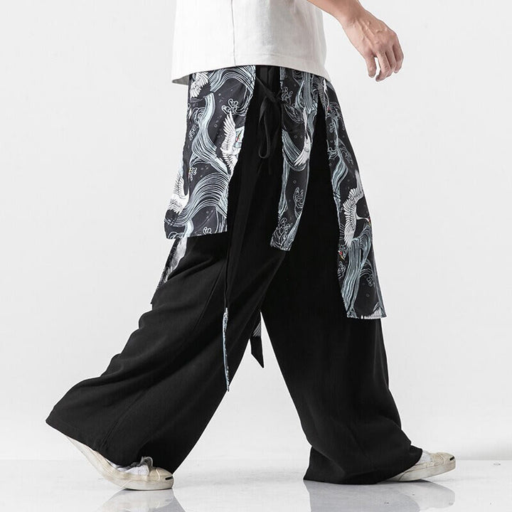 Buddha Stones Sommerliche Herren-Baumwollhose mit weitem Bein und Taschen, verziert mit fliegendem Kranich-Motiv - image 24