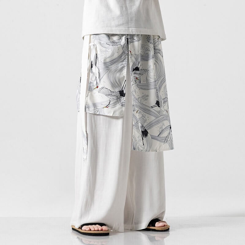 Buddha Stones Sommerliche Herren-Baumwollhose mit weitem Bein und Taschen, verziert mit fliegendem Kranich-Motiv - image 40