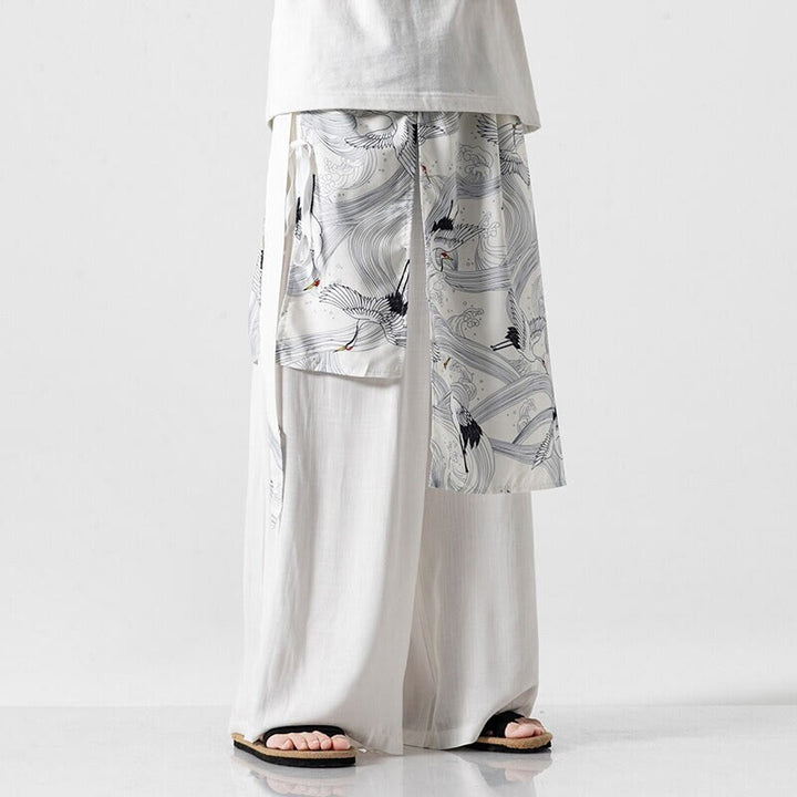 Buddha Stones Sommerliche Herren-Baumwollhose mit weitem Bein und Taschen, verziert mit fliegendem Kranich-Motiv - image 40