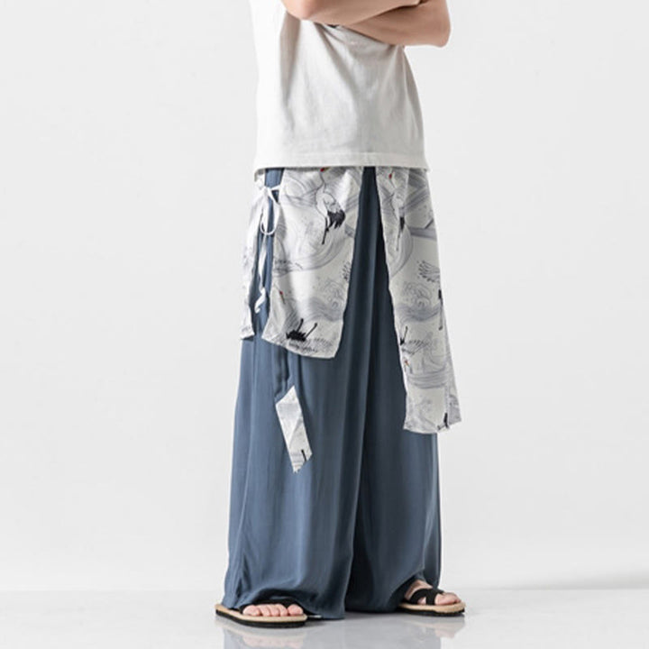 Buddha Stones Sommerliche Herren-Baumwollhose mit weitem Bein und Taschen, verziert mit fliegendem Kranich-Motiv - image 19