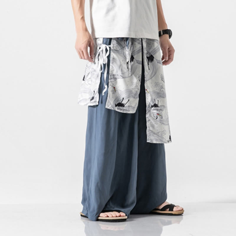 Buddha Stones Sommerliche Herren-Baumwollhose mit weitem Bein und Taschen, verziert mit fliegendem Kranich-Motiv - image 12