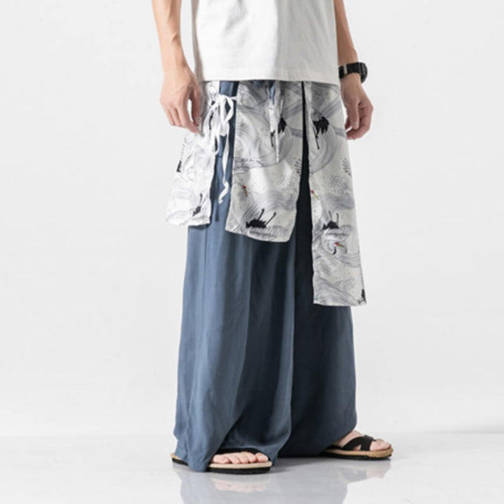 Buddha Stones Sommerliche Herren-Baumwollhose mit weitem Bein und Taschen, verziert mit fliegendem Kranich-Motiv - image 12