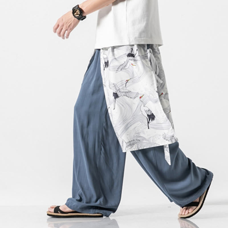 Buddha Stones Sommerliche Herren-Baumwollhose mit weitem Bein und Taschen, verziert mit fliegendem Kranich-Motiv - image 13