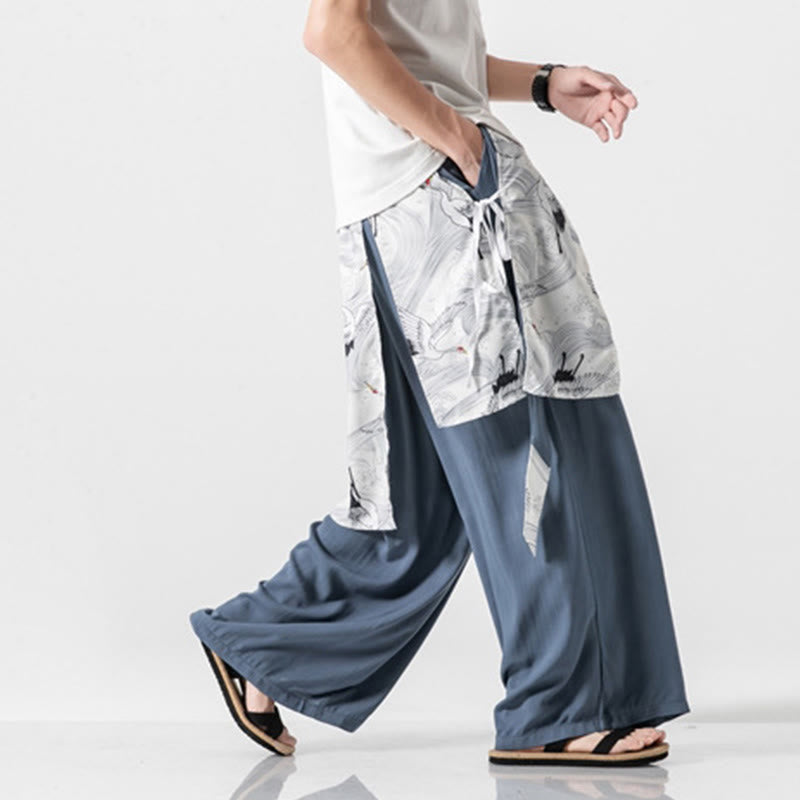 Buddha Stones Sommerliche Herren-Baumwollhose mit weitem Bein und Taschen, verziert mit fliegendem Kranich-Motiv - image 16