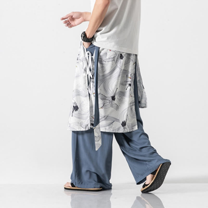 Buddha Stones Sommerliche Herren-Baumwollhose mit weitem Bein und Taschen, verziert mit fliegendem Kranich-Motiv - image 17