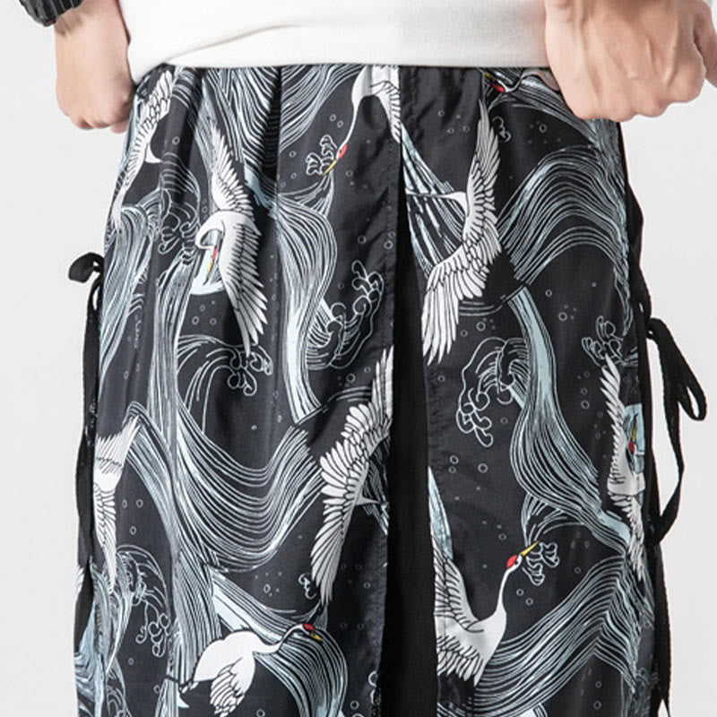 Buddha Stones Sommerliche Herren-Baumwollhose mit weitem Bein und Taschen, verziert mit fliegendem Kranich-Motiv - image 36