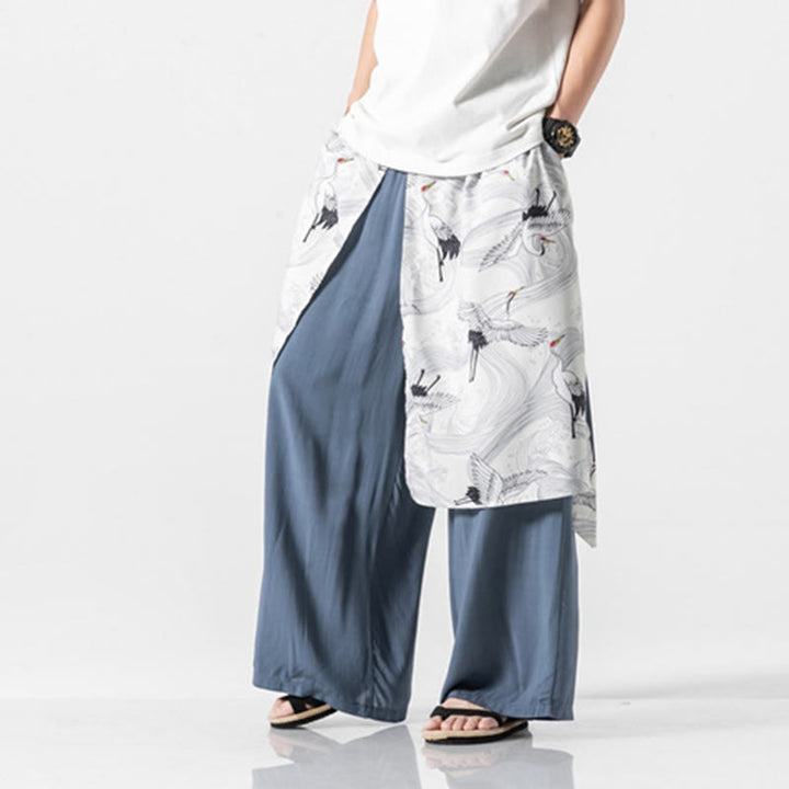 Buddha Stones Sommerliche Herren-Baumwollhose mit weitem Bein und Taschen, verziert mit fliegendem Kranich-Motiv - image 21