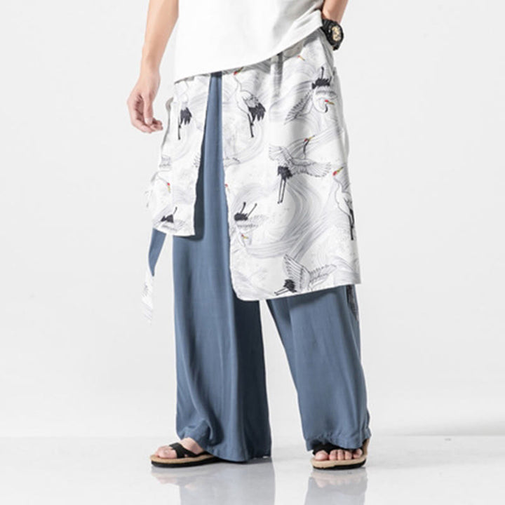 Buddha Stones Sommerliche Herren-Baumwollhose mit weitem Bein und Taschen, verziert mit fliegendem Kranich-Motiv - image 18