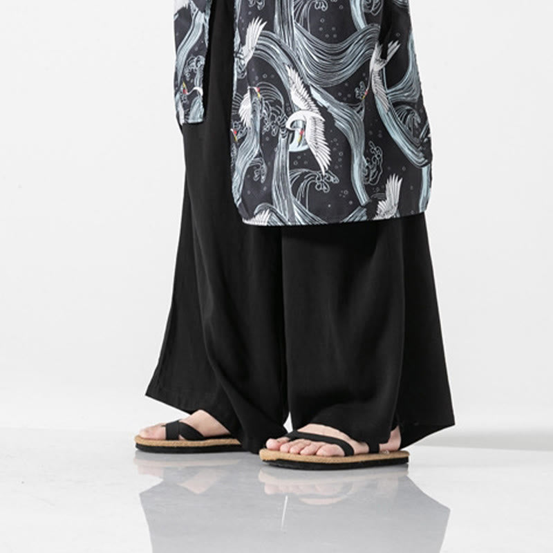 Buddha Stones Sommerliche Herren-Baumwollhose mit weitem Bein und Taschen, verziert mit fliegendem Kranich-Motiv - image 37