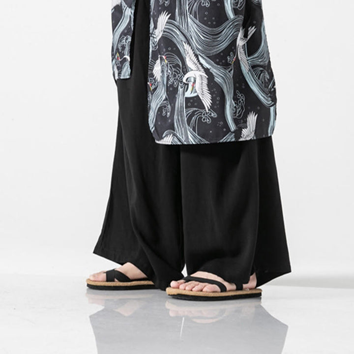 Buddha Stones Sommerliche Herren-Baumwollhose mit weitem Bein und Taschen, verziert mit fliegendem Kranich-Motiv - image 37