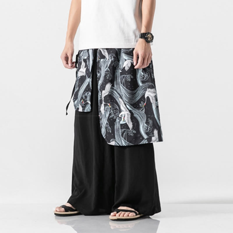 Buddha Stones Sommerliche Herren-Baumwollhose mit weitem Bein und Taschen, verziert mit fliegendem Kranich-Motiv - image 25