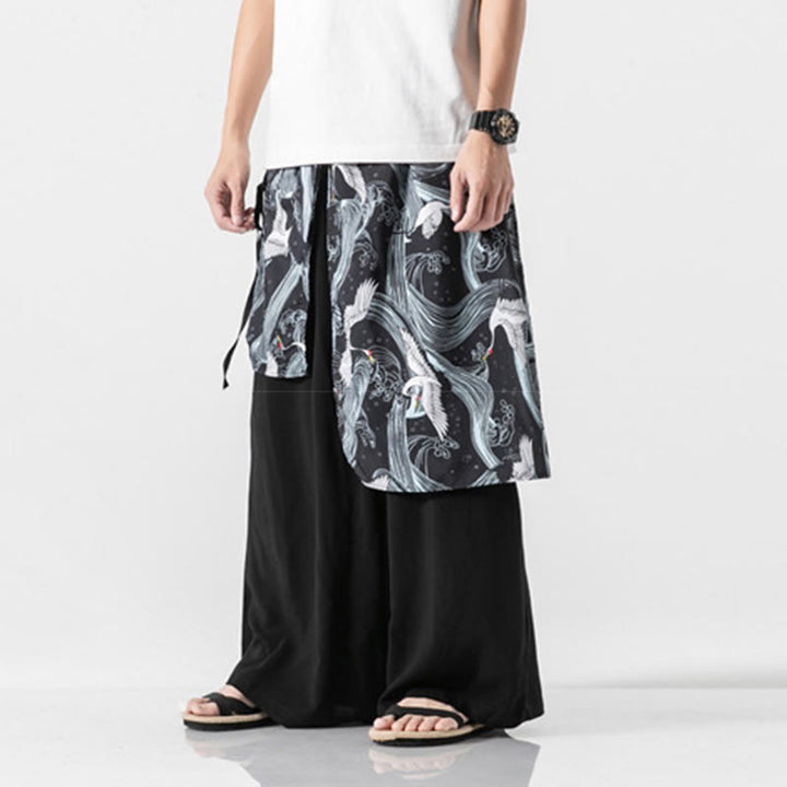 Buddha Stones Sommerliche Herren-Baumwollhose mit weitem Bein und Taschen, verziert mit fliegendem Kranich-Motiv - image 25