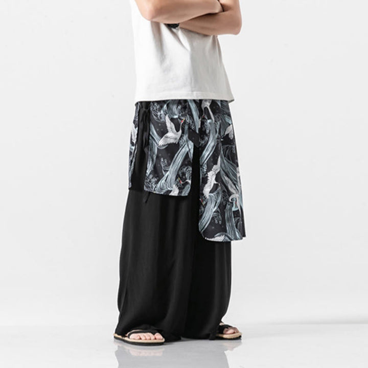 Buddha Stones Sommerliche Herren-Baumwollhose mit weitem Bein und Taschen, verziert mit fliegendem Kranich-Motiv - image 32