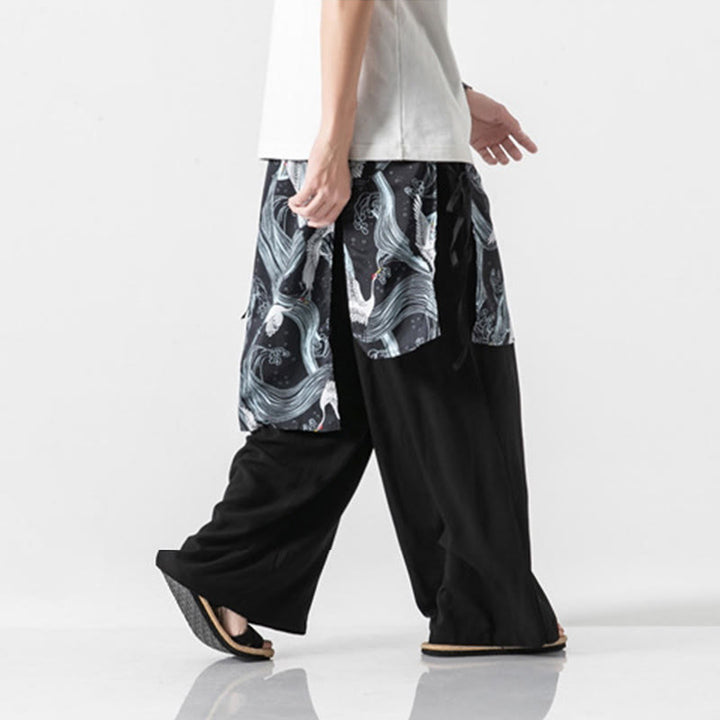 Buddha Stones Sommerliche Herren-Baumwollhose mit weitem Bein und Taschen, verziert mit fliegendem Kranich-Motiv - image 28