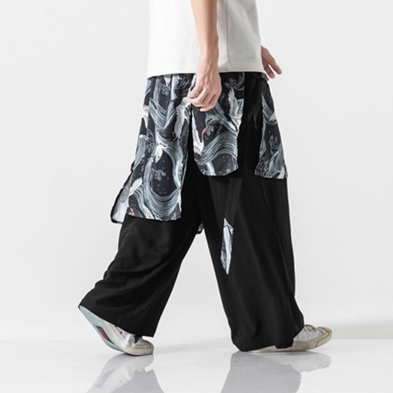 Buddha Stones Sommerliche Herren-Baumwollhose mit weitem Bein und Taschen, verziert mit fliegendem Kranich-Motiv - image 31