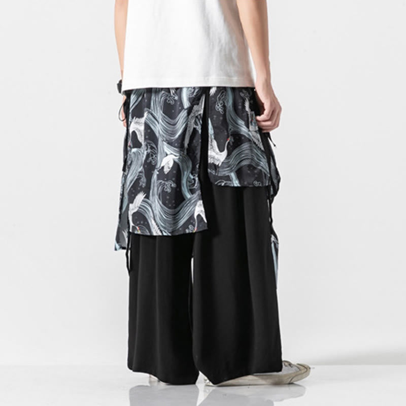 Buddha Stones Sommerliche Herren-Baumwollhose mit weitem Bein und Taschen, verziert mit fliegendem Kranich-Motiv - image 27