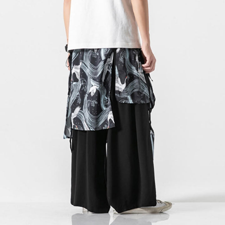 Buddha Stones Sommerliche Herren-Baumwollhose mit weitem Bein und Taschen, verziert mit fliegendem Kranich-Motiv - image 27
