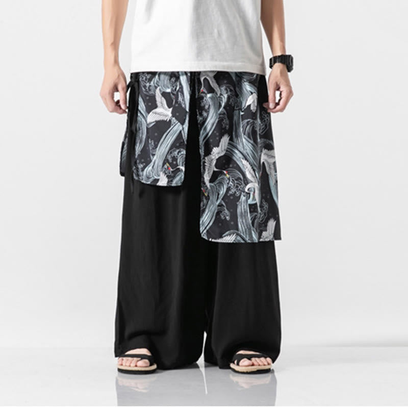 Buddha Stones Sommerliche Herren-Baumwollhose mit weitem Bein und Taschen, verziert mit fliegendem Kranich-Motiv - image 29