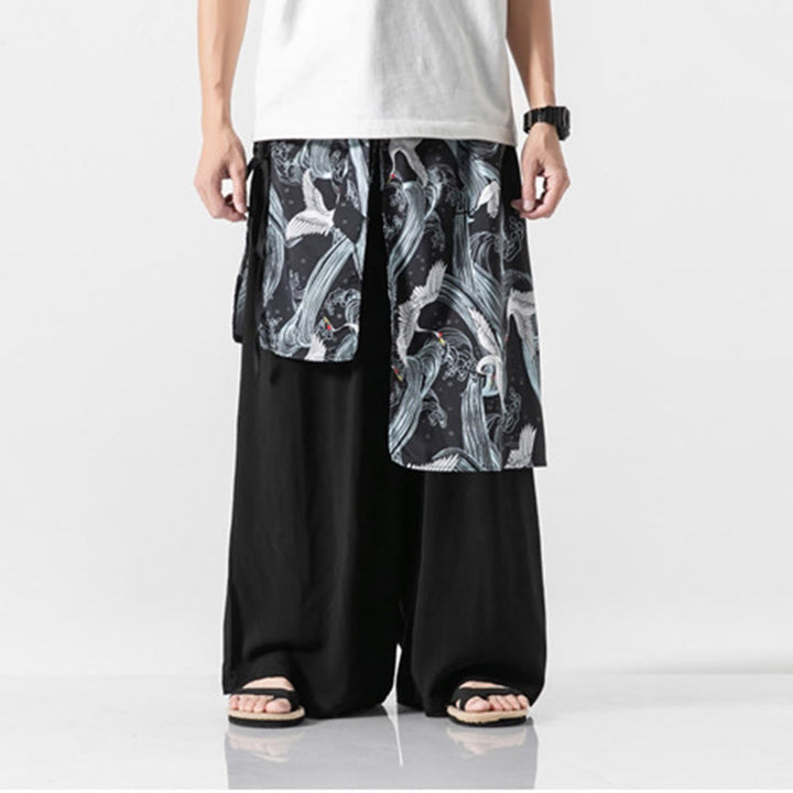 Buddha Stones Sommerliche Herren-Baumwollhose mit weitem Bein und Taschen, verziert mit fliegendem Kranich-Motiv - image 29