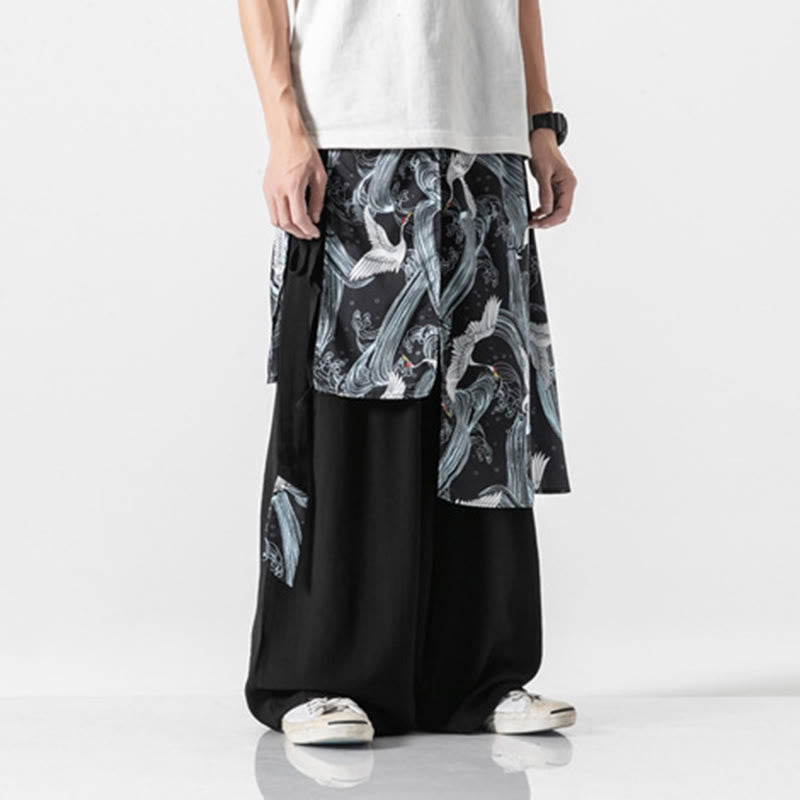 Buddha Stones Sommerliche Herren-Baumwollhose mit weitem Bein und Taschen, verziert mit fliegendem Kranich-Motiv - image 26