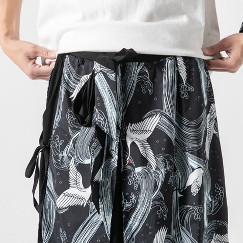 Buddha Stones Sommerliche Herren-Baumwollhose mit weitem Bein und Taschen, verziert mit fliegendem Kranich-Motiv - image 34