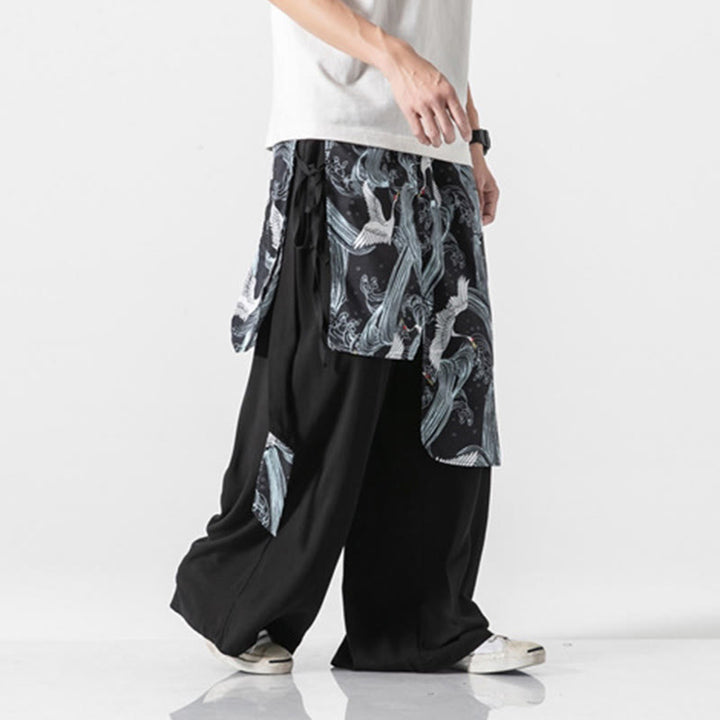 Buddha Stones Sommerliche Herren-Baumwollhose mit weitem Bein und Taschen, verziert mit fliegendem Kranich-Motiv - image 30