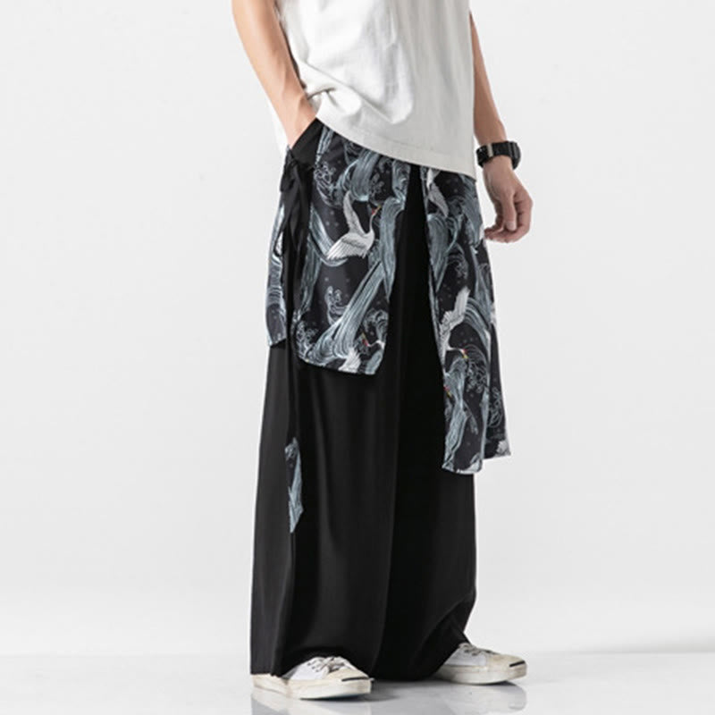 Buddha Stones Sommerliche Herren-Baumwollhose mit weitem Bein und Taschen, verziert mit fliegendem Kranich-Motiv - image 33