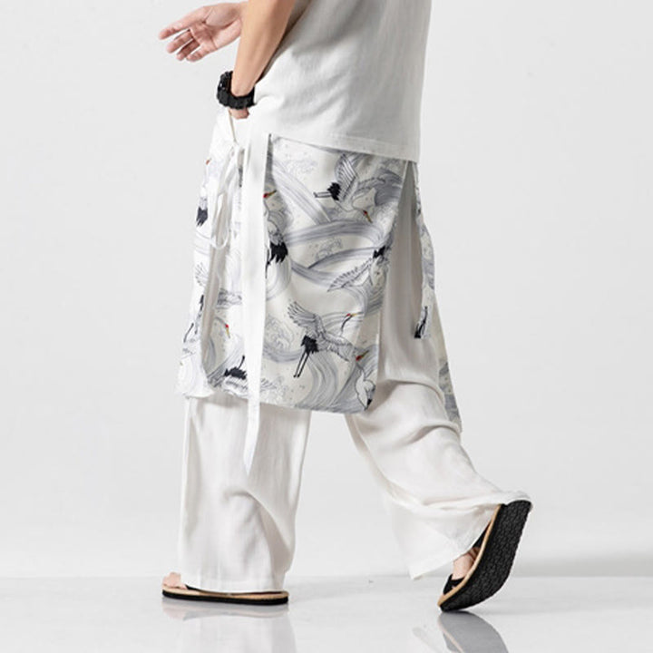 Buddha Stones Sommerliche Herren-Baumwollhose mit weitem Bein und Taschen, verziert mit fliegendem Kranich-Motiv - image 43