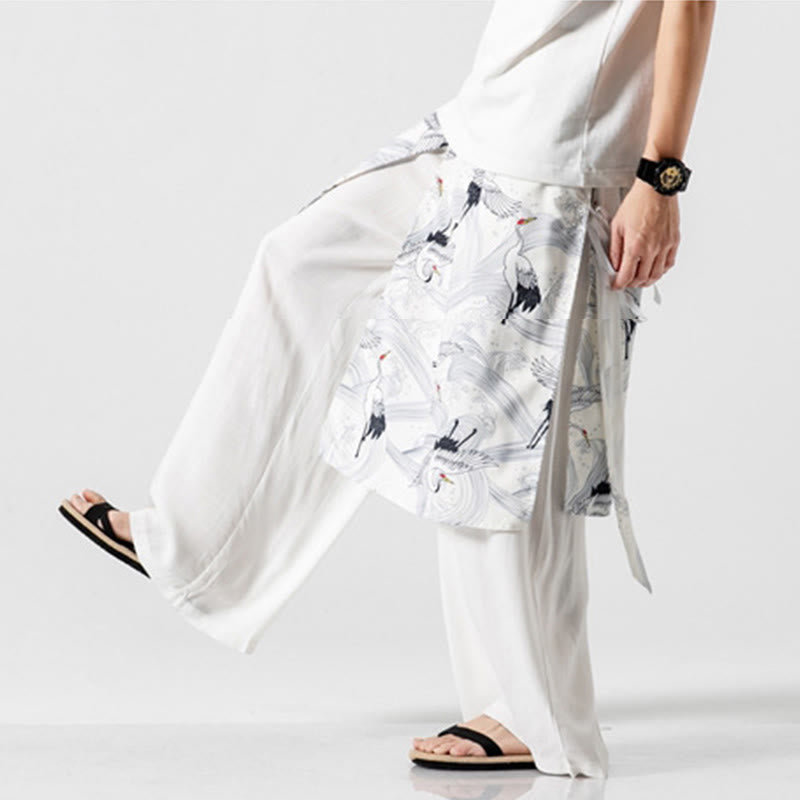 Buddha Stones Sommerliche Herren-Baumwollhose mit weitem Bein und Taschen, verziert mit fliegendem Kranich-Motiv - image 49