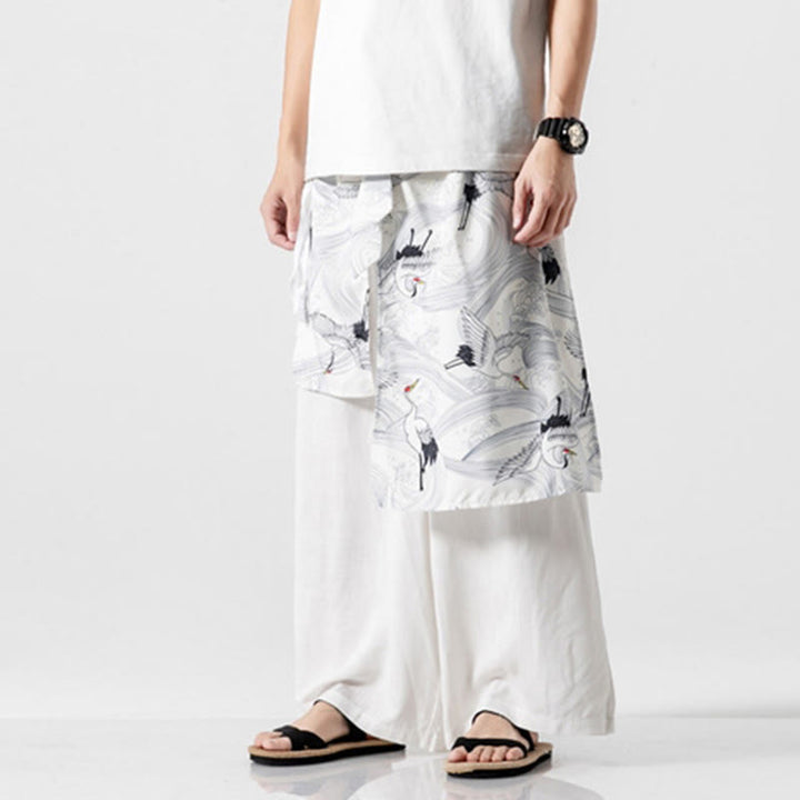 Buddha Stones Sommerliche Herren-Baumwollhose mit weitem Bein und Taschen, verziert mit fliegendem Kranich-Motiv - image 41