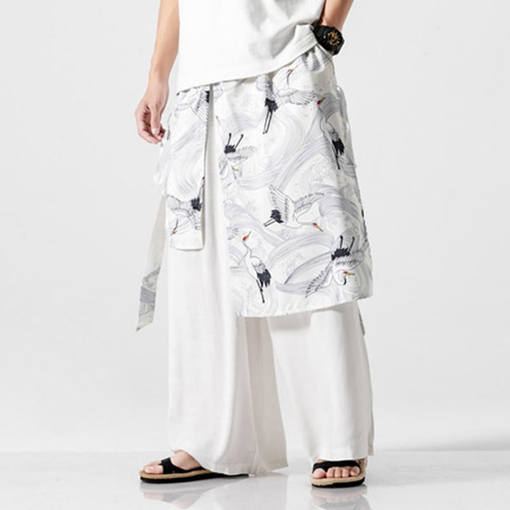 Buddha Stones Sommerliche Herren-Baumwollhose mit weitem Bein und Taschen, verziert mit fliegendem Kranich-Motiv - image 47