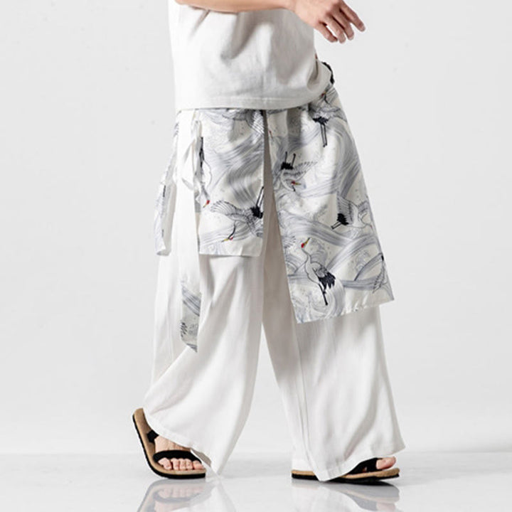 Buddha Stones Sommerliche Herren-Baumwollhose mit weitem Bein und Taschen, verziert mit fliegendem Kranich-Motiv - image 39