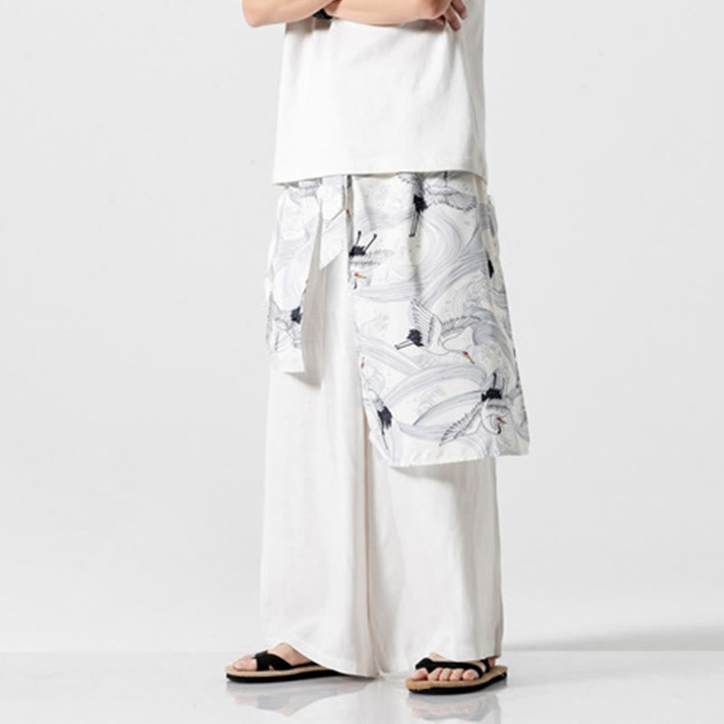 Buddha Stones Sommerliche Herren-Baumwollhose mit weitem Bein und Taschen, verziert mit fliegendem Kranich-Motiv - image 45