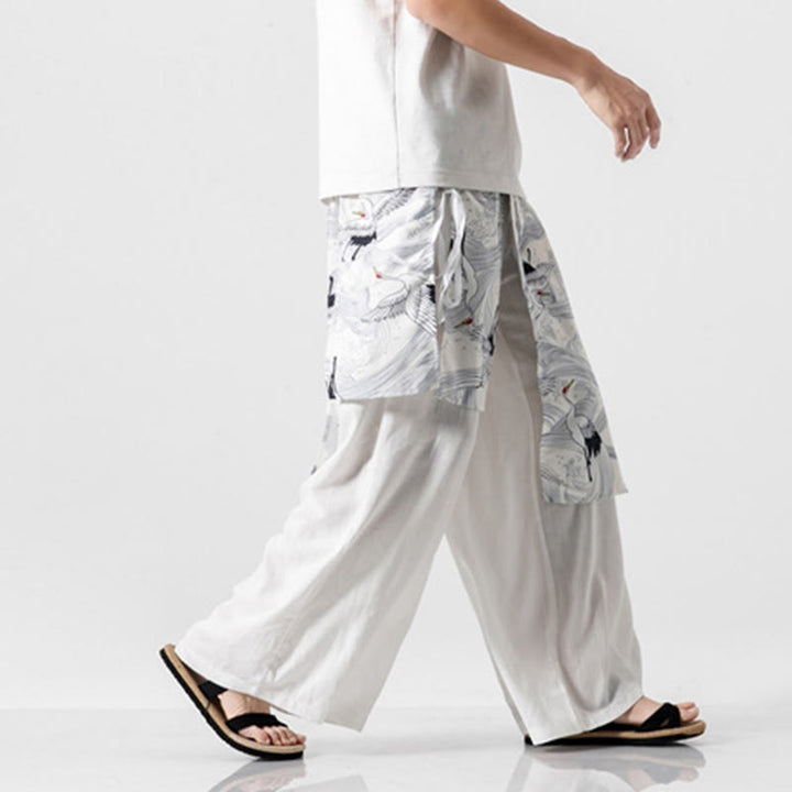 Buddha Stones Sommerliche Herren-Baumwollhose mit weitem Bein und Taschen, verziert mit fliegendem Kranich-Motiv - image 46