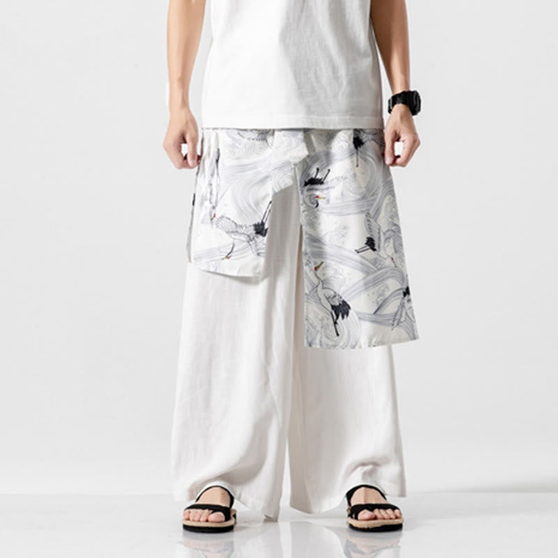 Buddha Stones Sommerliche Herren-Baumwollhose mit weitem Bein und Taschen, verziert mit fliegendem Kranich-Motiv - image 44