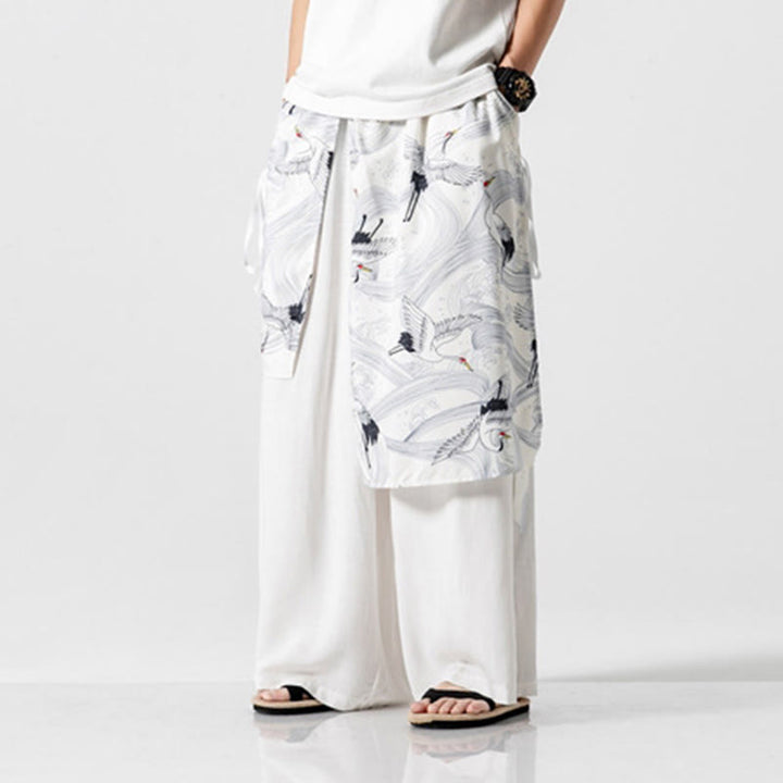 Buddha Stones Sommerliche Herren-Baumwollhose mit weitem Bein und Taschen, verziert mit fliegendem Kranich-Motiv - image 48