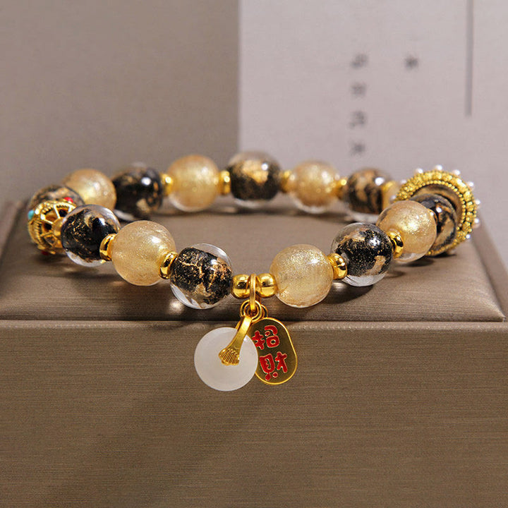 Buddha Stones Schwarzes Gold-Liuli-Glasperlen-Armband mit Schnalle – bringt Reichtum und Frieden und ist ein Segensbringer - 14-16 cm - image 0