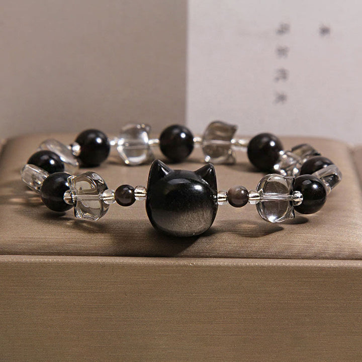 Buddha Stones Schwarzes Obsidian-Katzenkopf-Armband zur Stärkung der Reinigungskraft - Schwarzer Obsidian (Handgelenkumfang: 14-16 cm) - image 0