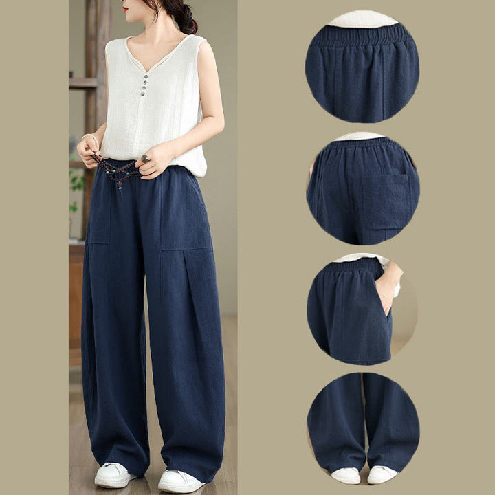 Buddha Stones Damenhose mit geradem Bein und Taschen aus Baumwoll-Leinen-Mischgewebe in Unifarbe - image 23