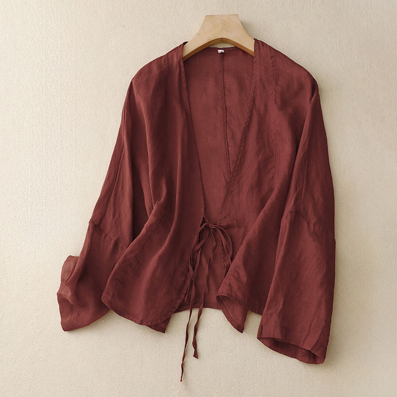 Buddha Stones Sommerlicher, schlichter Kimono für Damen mit langen Ärmeln, Schnürung und offener Vorderseite - Dunkelrot - US12, UK/AU16, EU44 (XL) - image 0