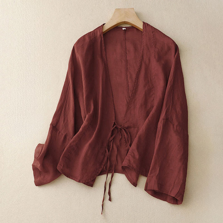 Buddha Stones Sommerlicher, schlichter Kimono für Damen mit langen Ärmeln, Schnürung und offener Vorderseite - Dunkelrot - US12, UK/AU16, EU44 (XL) - image 0