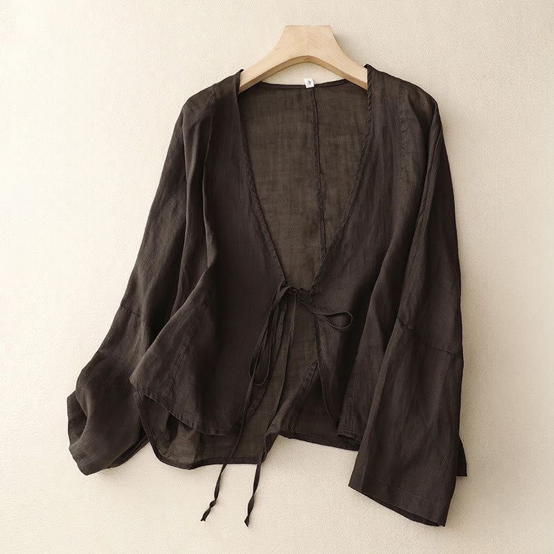 Buddha Stones Sommerlicher, schlichter Kimono für Damen mit langen Ärmeln, Schnürung und offener Vorderseite - Sattelbraun - US12, UK/AU16, EU44 (XL) - image 12